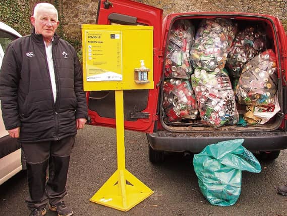 Tidy Towns Member Seamus Conway with the first fantastic haul of cans collected in a new Tidy Towns & ABP Initiative recently in Cahir.
