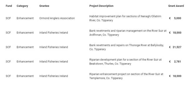 In the 2020 Funding Call, five projects amounting to a total of €65,308 was awarded in fisheries funding to projects in Tipperary, these were as follows: