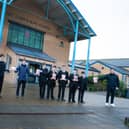 The St Joseph's pupils receive their vouchers and tablets. Photo by Jim McCafferty