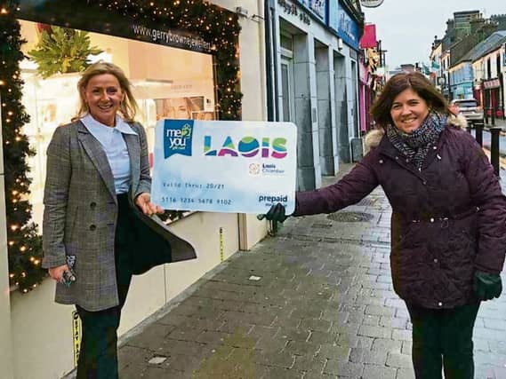 Laois Chamber's Vice President Alison Browne and CEO Bernie Everard brave the elements to urge you go use the Loais Gift Card