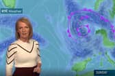 Joanna Donnelly presenting the Met Éireann Storm Alex weather forecast on RTÉ during her time with Ireland’s meteorological service.