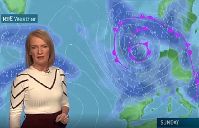Joanna Donnelly presenting the Met Éireann Storm Alex weather forecast on RTÉ during her time with Ireland’s meteorological service.