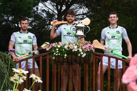 Limerick's Colin Ryan flanked by  Tadhg Haran of Galway and Darren Geoghegan of Louth during the launch of the M. Donnelly Poc Fada All Ireland Finals