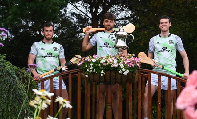 Limerick's Colin Ryan flanked by Tadhg Haran of Galway and Darren Geoghegan of Louth during the launch of the M. Donnelly Poc Fada All Ireland Finals