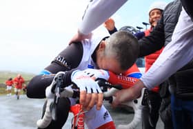 An exhausted Joe Barr at the end of his journey.