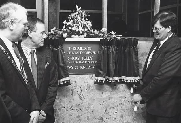 The official opening of the new building in 1990. In photo are DCC Mayor David Davis, DCU President Leo Simpson and Gerry Foley, ILCU President.