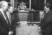 The official opening of the new building in 1990.  In photo are DCC Mayor David Davis, DCU President Leo Simpson and Gerry Foley, ILCU President.