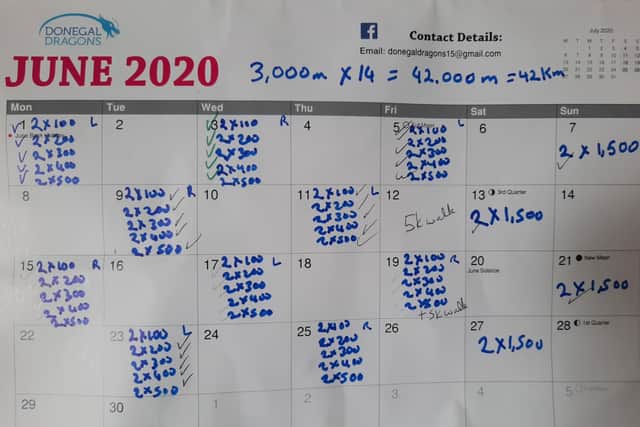 I’m very glad I saw that post. I immediately took the calendar off the wall and drew up a plan of how I would complete 42,000m on the dragon boat paddle erg, how I would spread it out allowing for recovery and for days that I might not get to it. 