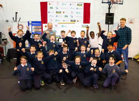 Scoil Phadraig Naofa, Athy pictured with their teacher and David Gaugin, Burnside Engineering (sponsor). The school was awarded 1st prize in the Team Alliance Challenge.