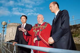 Jim Long,  during his 2011 term as mayor with members of a delegation from  Nanjing, Yang Weize and Lou Linquan
