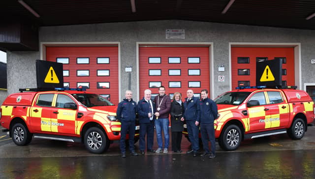 Senior Asst Chief fire Officer Ray Regan, Station Officer Tom McGrath, Cathaoirleach Peter Cleere, Mary Mullholland Director of Services, Station Officer Damien Ryan Chief Fire Officer John Collins