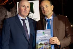 ICMSA president Pat McCormack gives Taoise Leo Varadkar a copy of The Guide to General Election 2020, The Questions that Farmers Need Answered, when the two met in Adare, County Limerick