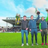 Conahy Shamrocks captain James Bergin, Ballyhale vice-captain Joey Holden and Tullaroan captain Shane Walsh present their respective cups to supporters Picture: Mark Desmond