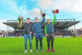 Conahy Shamrocks captain James Bergin, Ballyhale vice-captain Joey Holden and Tullaroan captain Shane Walsh present their respective cups to supporters Picture: Mark Desmond