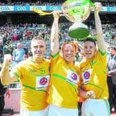 Padraig McWeeney, Gowel and brothers Paul and Fergal Earley, Aughnasheelin are pictured with the Lory Meagher cup following Leitrim's victory over Lancashire in the hurling final in Croke Park in June