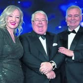 Frosses businessman Tim Kelly on stage in the Grosvenor Hotel in London with Aoife Ní Thuairisg and Eamon Holmes of Sky TV  PICTURE: Chris Egan/Irish Post