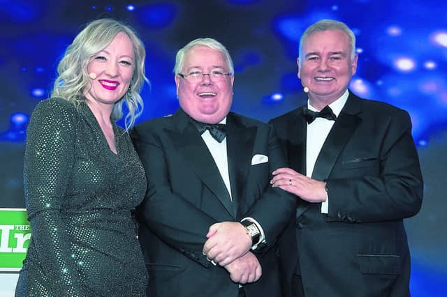 Frosses businessman Tim Kelly on stage in the Grosvenor Hotel in London with Aoife Ní Thuairisg and Eamon Holmes of Sky TV PICTURE: Chris Egan/Irish Post