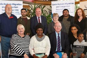 Strategy launch   Cllr John Joe Fennelly  and representatives from Abbeyleix Community and Direct Provision Centre with Minister for Justice and Equality Charile Flanagan  Picture: Michael Scully