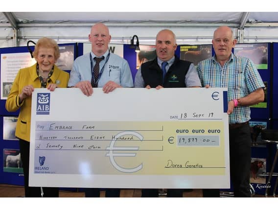 Dovea Genetics prestenting a cheque for €19,879 to Embrace FARM during the 2019 Ploughing Championships