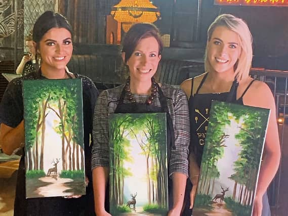 Posing with our Masterpieces, (L-R) Aoibhlinn Fitzgibbon, Lead artist Laura Dunne and myself!