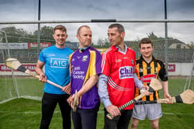 Hurling legend Tommy Walsh squares up to champion jockey Davy Russell as Cian Boland and Shane Foley keep an eye