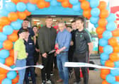 Michael McIntyre with Donegal's Hugh McFadden and Leo McLoone cut the tape at the opening of the new McIntyre's Mace Service Station this afternoon PICTURE: MATT BRITTON