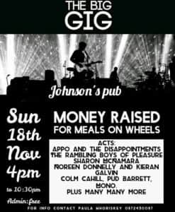 Amongst those giving their services on Sunday are: The Rambling Boys of Pleasure. Appo and the Disappointments, Sharon Mc Namara, Noreen Donnelly, Lenny Cahill,  Mono, Pud Barrett Colm Cahill, ....... and many more.
