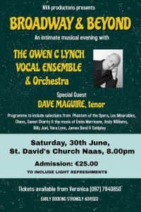 Joining the choir and orchestra on the night is special guest tenor Dave Maguire whose wonderful voice is no stranger to Kildare audiences. A regular soloist at O Holy Night in Newbridge, many will also remember Dave’s stirring rendition of Banna Strand at Mona Conroy’s recent concert ‘Mise Eire -1916 Remembered’