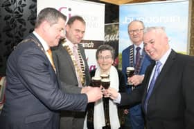 Patricia Brennan along with Seamus O'Domhnaill, cathaoirleach, Donegal Co Council, Martin Gibbons, chairman  Donegal Vintners, Padraic Mc Gann, president  VFI, Shane Smyth, Bundoran tourism manager.