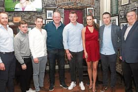 Conal Kelly Jnr, Mark Enright, Graeme Mulcahy, Mick Galwey, Joe Canning, Aislinn Connolly, Oisin McConville and Conal Kelly at the A League of Their Own