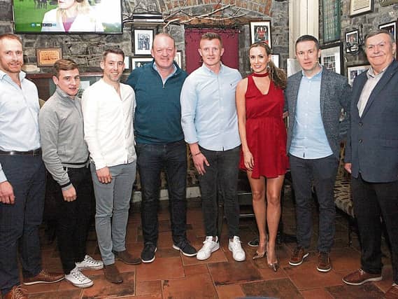 Conal Kelly Jnr, Mark Enright, Graeme Mulcahy, Mick Galwey, Joe Canning, Aislinn Connolly, Oisin McConville and Conal Kelly at the A League of Their Own