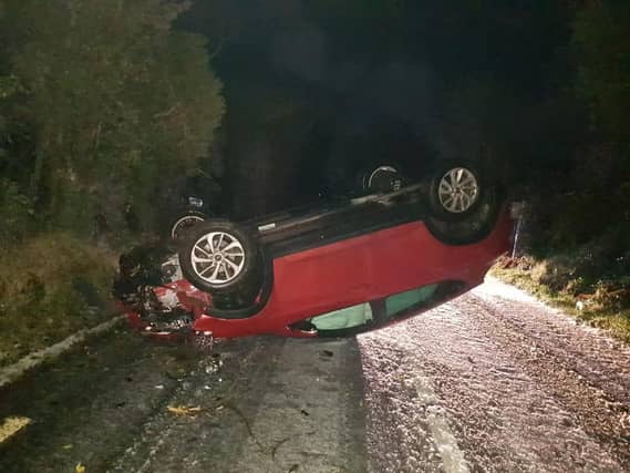 This motorist had a very lucky escape this morning near Glencar. Photo: Sligo Leitrim Garda Facebook page.