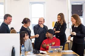 Mary Harris, far right, with students May Hooi and Farouk Alao, centre and from left, Eamon Spellman, Head of Graphics LSAD, Clodagh Twomey, LSAD, David Glass, M&C Saatchi and Laura Ryan