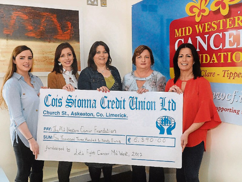 Let’s Fight Cancer group presenting a cheque to Lisa Tracey, Mid Western Cancer Foundation were Siobhan Mulvihill, Lisa Ruttle, Vicky Murphy and Geraldine Mulvihill