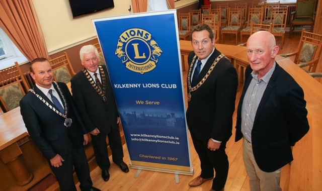 Mayor Peter Cleere, Cathaoirleach Eamon Aylward, Lions President Philip Tierney and Brian Cody with Lions members (left) and above with guest of honour Kilkenny hurling manager Brian Cody