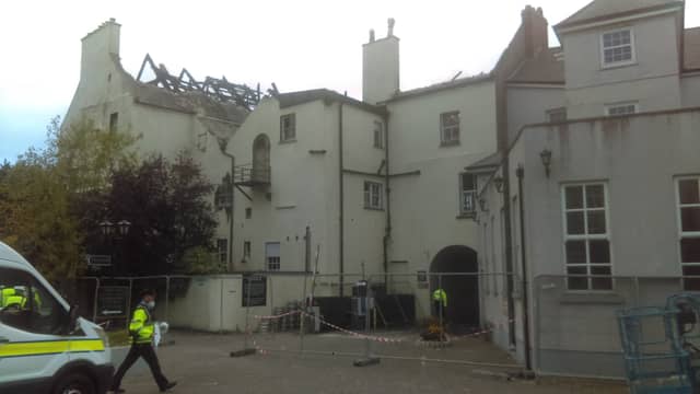 A view of Dr Mitchells's house and the buildings next to it from the entrance to the River Court Hotel, Kilkenny