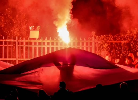 Limerick FC fans pictured in Ballybofey this evening for the relegation playoff loss to Finn Harps