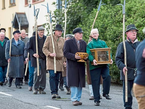 Tom Aherne with his Ardagh Chalice replica taking part in the 150th Anniversary Parade last Friday along with the Fenian Pikemen of 1867 Picture:alan place