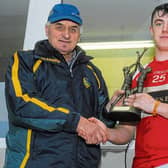 Stephen Goldrick is presented with the Man of the match award by Martin Cunniffe. Photo by Willie Donnellan