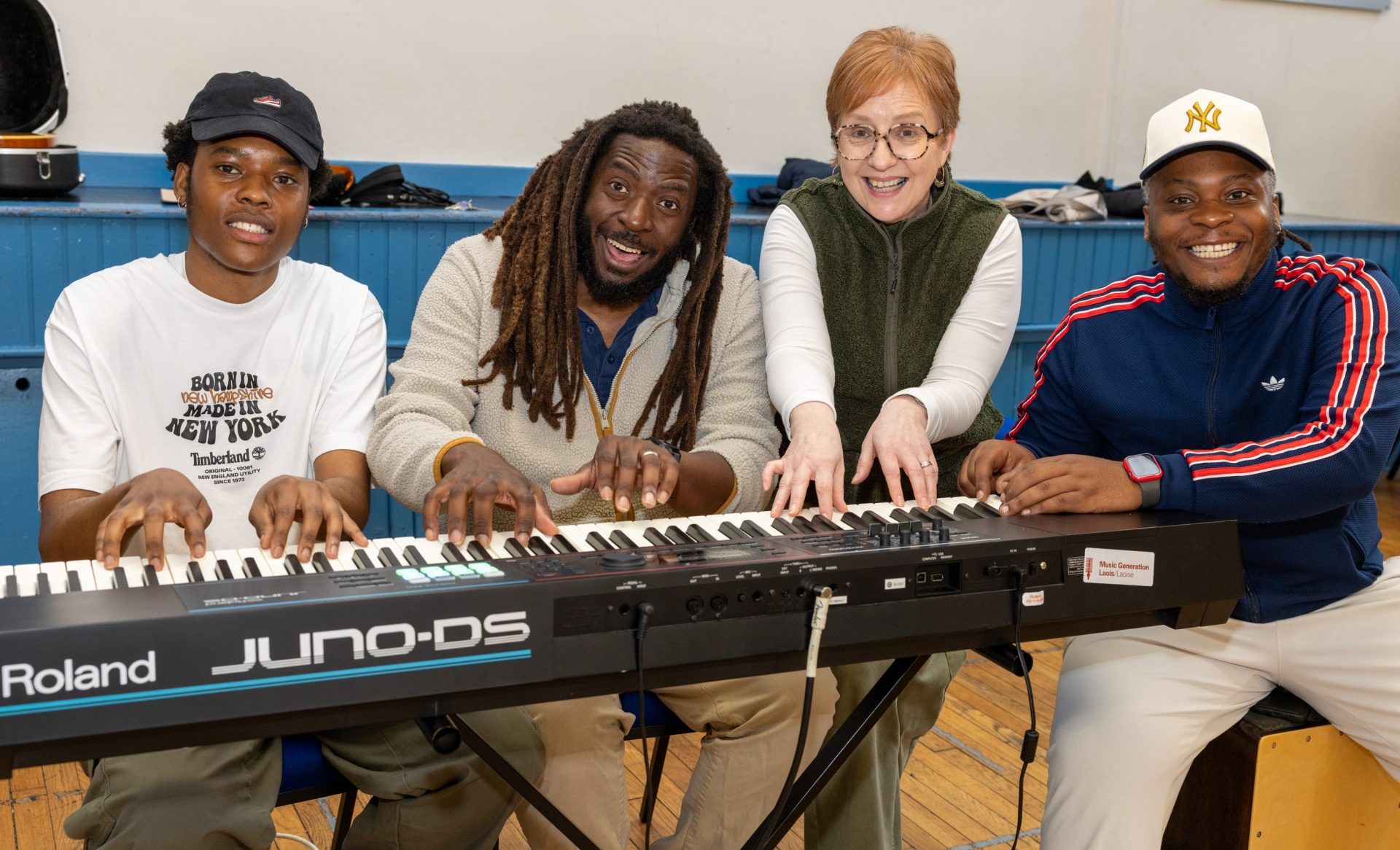 FET music students, Tinashe Lekau & Patrick Tunga with guest musician Aga Serugo Lugo with Nuala Kelly, Director of Laois Community Choir, a choir rehearsal. Pic: Alf Harvey