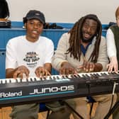 FET music students, Tinashe Lekau & Patrick Tunga with guest musician Aga Serugo Lugo with Nuala Kelly, Director of Laois Community Choir, a choir rehearsal. Pic: Alf Harvey