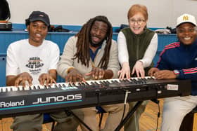 FET music students, Tinashe Lekau & Patrick Tunga with guest musician Aga Serugo Lugo with Nuala Kelly, Director of Laois Community Choir, a choir rehearsal. Pic: Alf Harvey