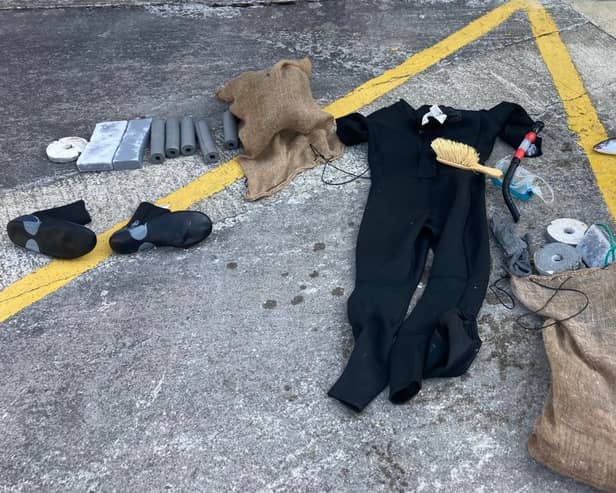 The seized wetsuit, snorkel and three salmon