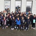 Pictured: Students at Scoil Fionntáin Naofa, Shanahoe with MEP Cynthia Ní Mhurchú, Sean Fleming TD and Cllr John Joe Fennelly