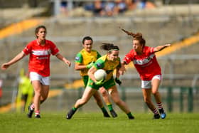 Geraldine McLaughlin of Donegal in action against Emma Spillane of Cork PICTURE:  Eóin Noonan/Sportsfile