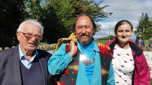 Anthony Ivors of The Commons, Walk Leader Waylon White Deer, and Veronica Ivors