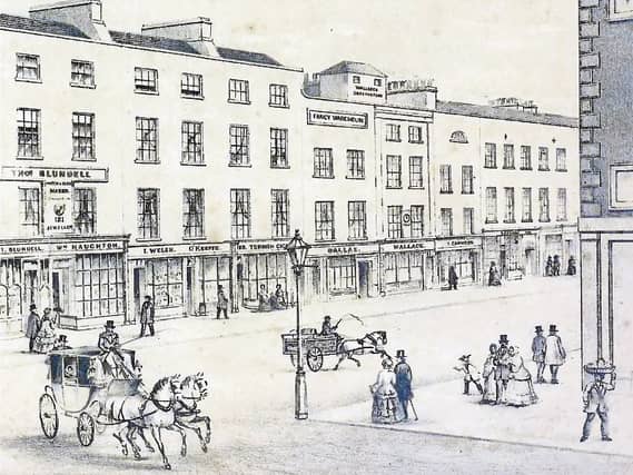 A sketch of Limerick city in the mid-nineteenth century showing Wallace's Observatory and clock on his building