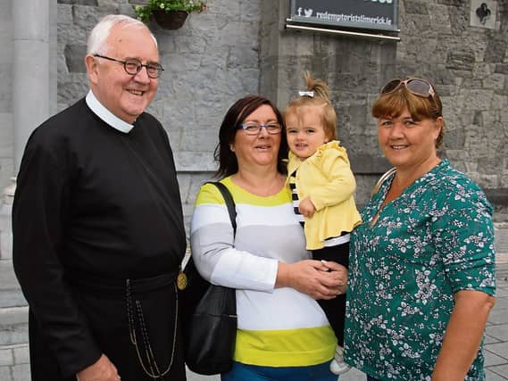 Celebrating the first day of the nine-day Novena at Mount St Alphonsus were Fr Seamus Enright, Caroline and Amelia O'Doherty, Old Cork Road and Susan Lipper, Old Cork Road Picture: Adrian Butler