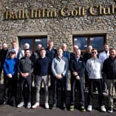 Top British golf journalists with Andy Barwell (fourth right) and Sean Noble (second right), both The Azalea Group, on the Glashedy links at Ballyliffin Golf Club.