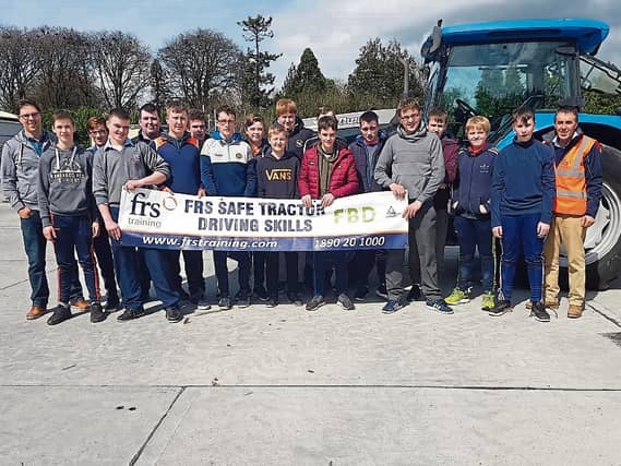 Students from St Brendans Community School in Birr who completed a course in Safe Tractor Driving skills in FRS Roscrea with their teacher, and FRS trainer Tom Duffy. Byrne Machinery, Roscrea, sponsor